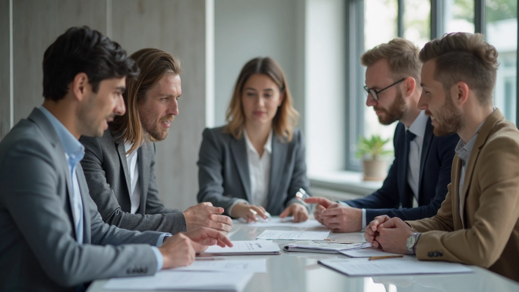 Группа профессионалов проводит совещание по финансовому планированию в современном офисном помещении