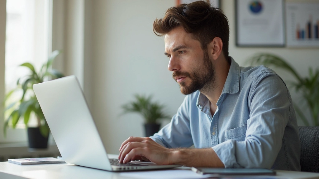 Молодой инвестор работает на ноутбуке в домашнем офисе с графиками на экране